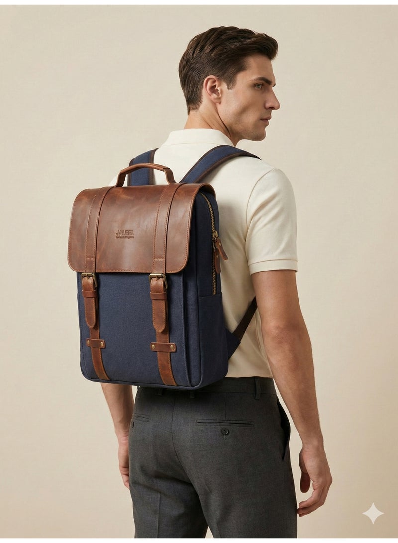 چليل شنطة ظهر للاب توب من ريجنت سيتي مصنوعة من قماش اسود وجلد بقر طبيعي 100% للعمل والجامعة، شنطة ظهر للاعمال مع حافظة لابتوب مبطنة ومنظم - جليل - Image 3